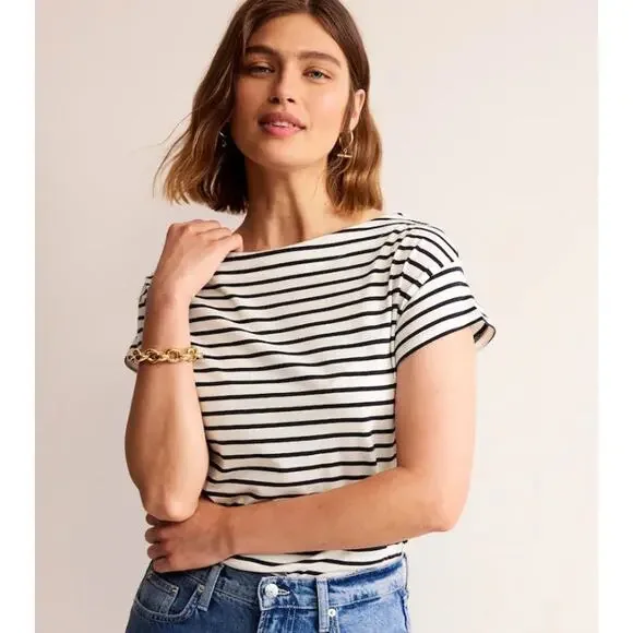 Boden Black White Stripe Boatneck Short Sleeve Shirt Cotton Blend Women's size 6 - Picture 1 of 9